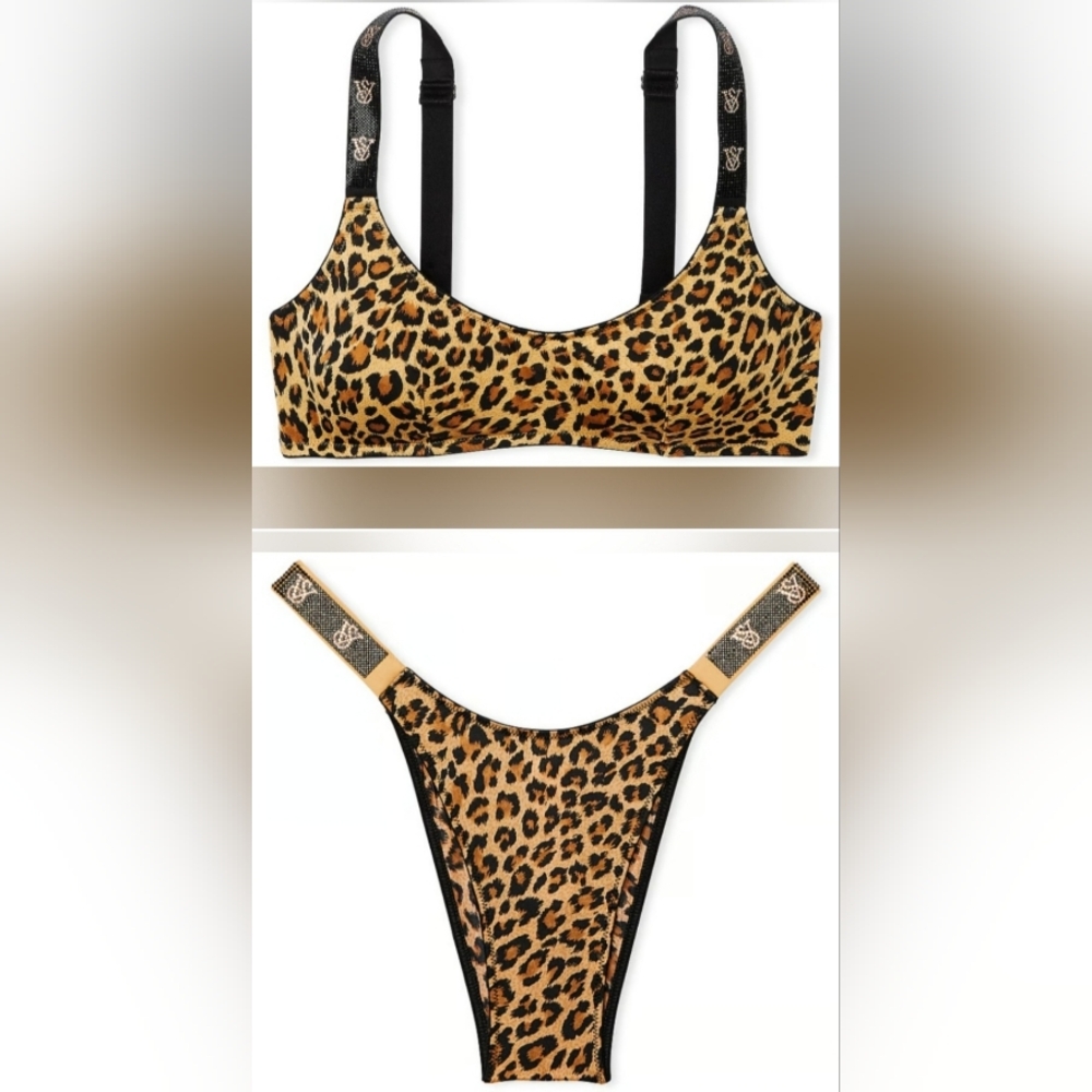 XL/L VS Shine Strap Scoop Bralette Brazilian Panty Set Leopard